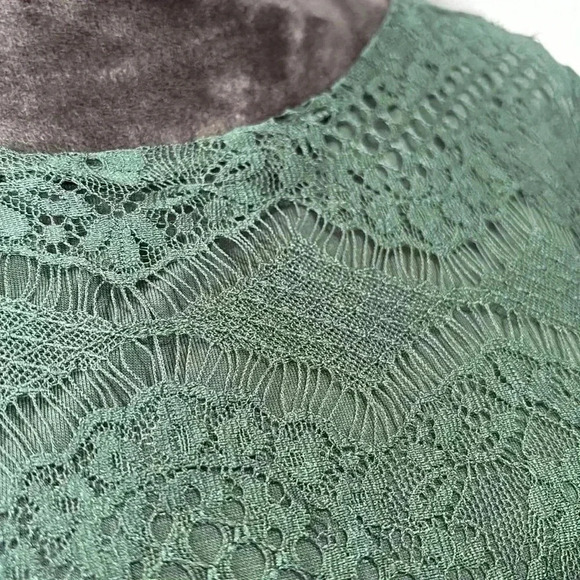 Pointelle Lace Overlay, scoop neck, lined, ruffle cuffs,top - Picture 2 of 12